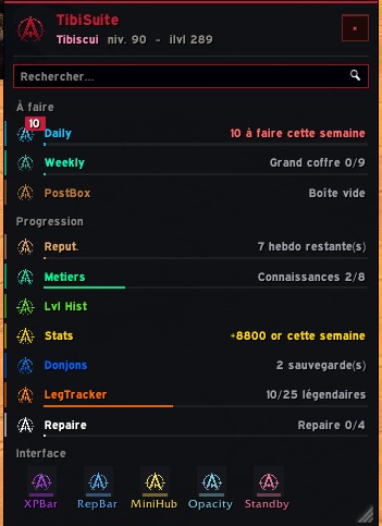 Capture en jeu du Panneau vivant de TibiSuite : ce qu'il reste à faire, module par module